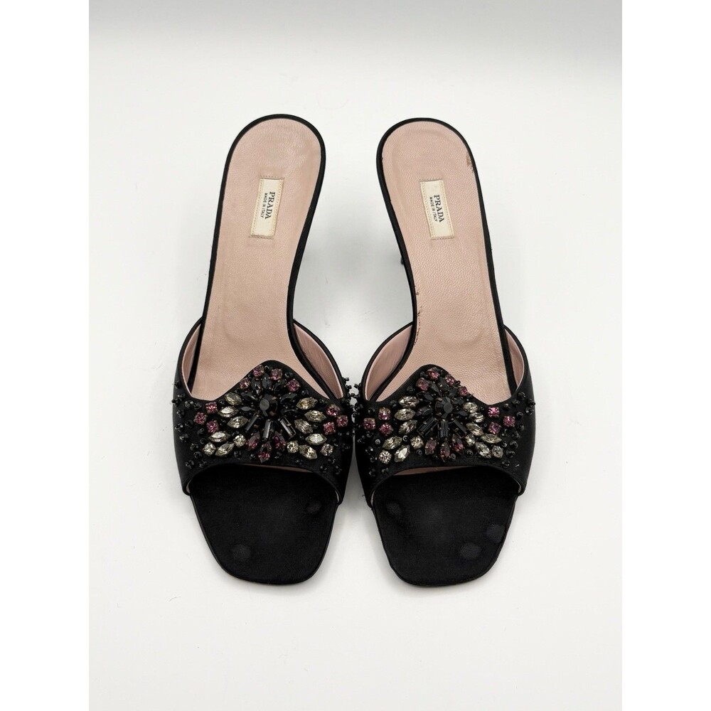 Prada Black Satin Kitten Heels Pink & Silver Rhinestone Embellishments EU 37.5